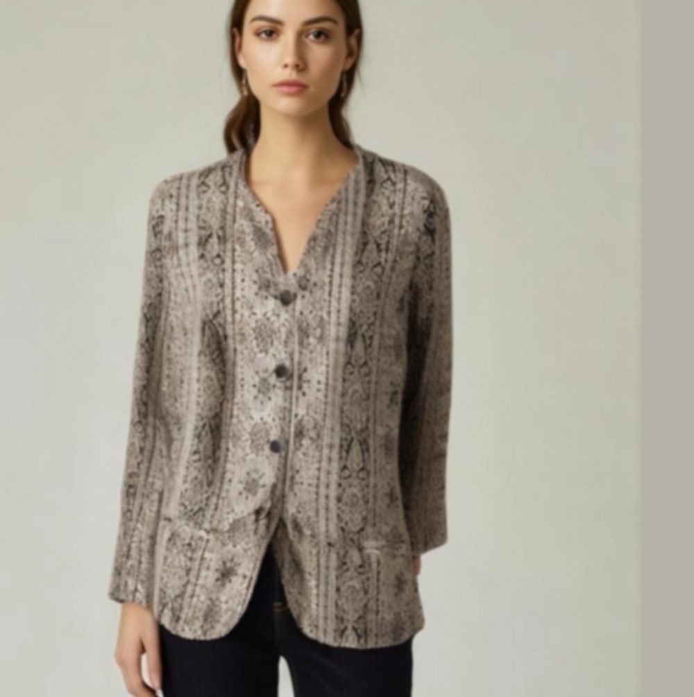VINTAGE Cream & Burgundy Brocade Print Classic Cotton V Neck Blazer Size Small
